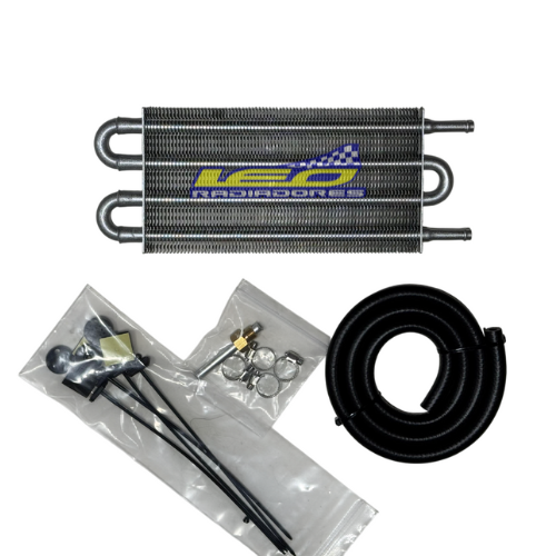 RADIADOR ACEITE Y CAJA AUTOMATICO COMPETICION 04 FILAS TUBO REDONDO CON MANGUERAS